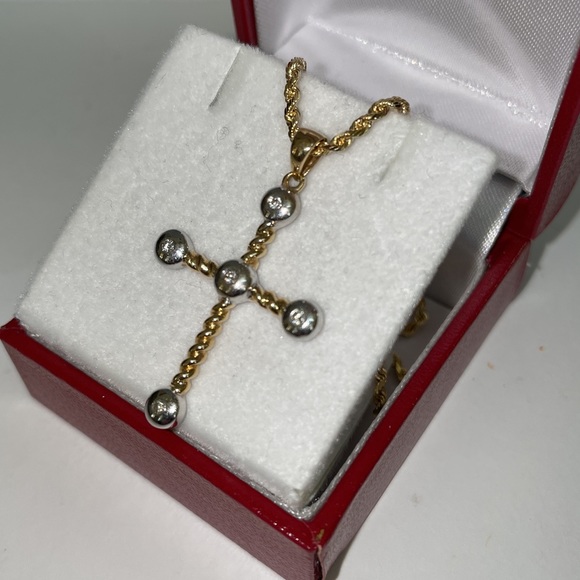 Real 14K Yellow Gold Natural Diamond Bezel Religious Cross Pendant Rope Necklace - Picture 9 of 17